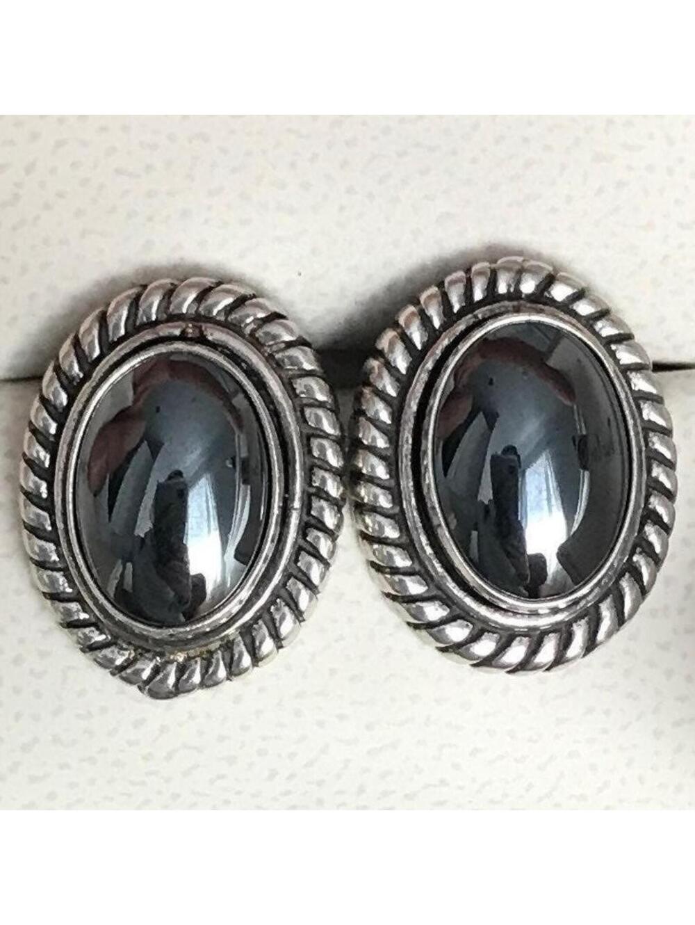 Vintage Sterling 925 Silver Oval Reflecting Hematite Cabochon Earrings